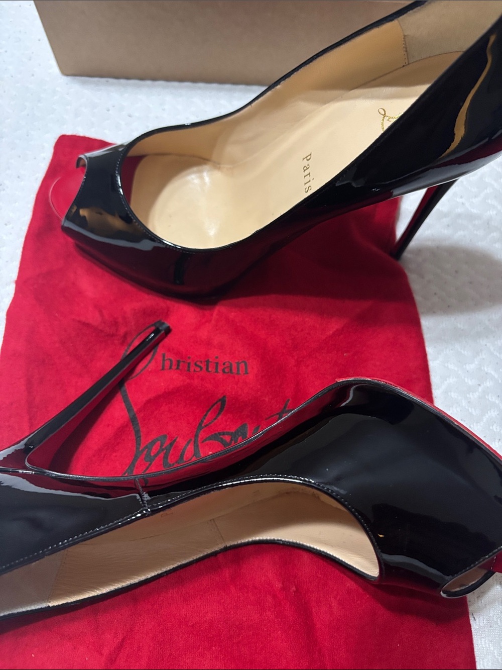 Christian Louboutin Black Patent Peep-Toe Stilettos with Red Dust Bag Accent NEW